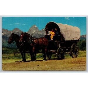Postcard Wyoming Grand Teton National Park Covered Wagon Horses Unposted c1950s